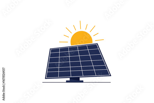 Minimal Flat Vector Illustration of Solar Panel with Sun Above – Clean Geometric Renewable Energy Design, Isolated  on transparent background 