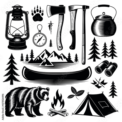 Vintage camping and wilderness adventure illustration with bear and canoe