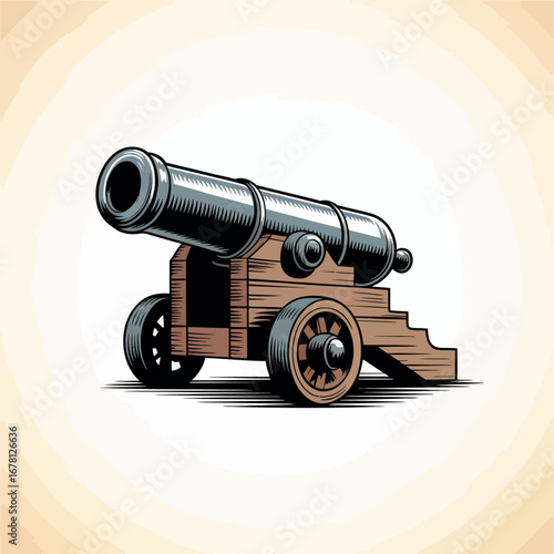 Vintage wooden cannon with metal barrel on wheels