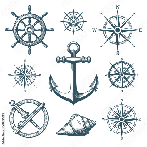 Nautical illustration of a ship s wheel anchor compass rose and seashell