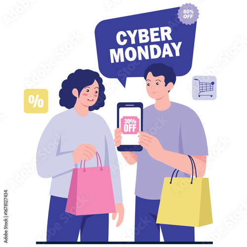Cyber Monday Illustration. Vector illustration of Two shoppers show a phone with 30% off inside a big Cyber Monday bubble, holding bags for an online sale moment. Isolated on background