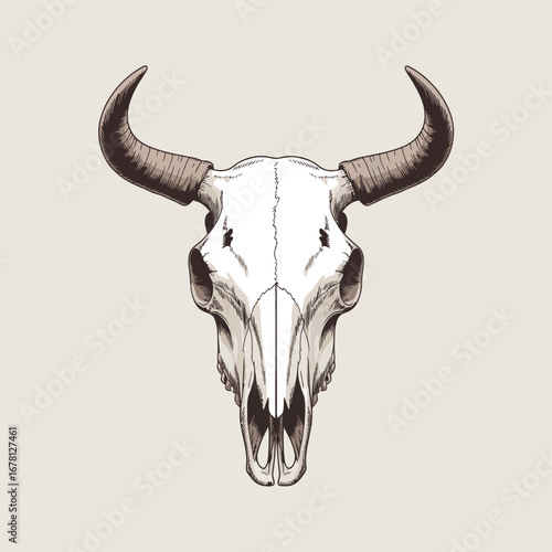 Detailed watercolor illustration of a bull skull with large horns