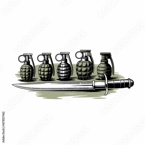 A collection of vintage hand grenades and a bayonet on a white background