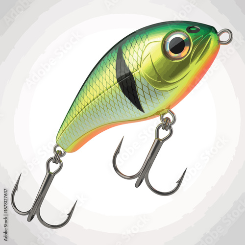 Vibrant realistic fishing lure with sharp hooks on white background