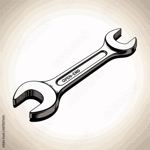 Detailed sketch of a chrome open end wrench on a textured background