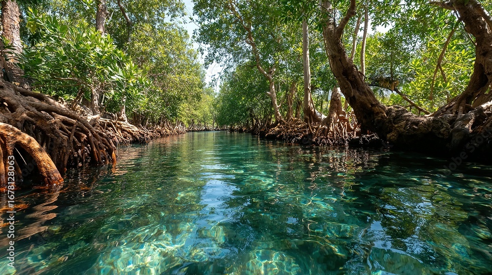 Fototapeta premium Clear water flows through a lush green mangrove forest with visible roots.