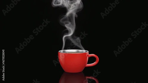 Steaming hot coffee in a vibrant red mug against a dark, elegant backdrop