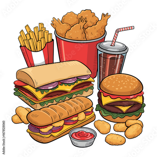 Assortment of delicious fast food including burgers sandwiches fries nuggets and soda