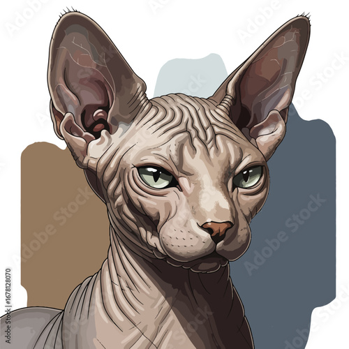 A detailed, stylized portrait of a hairless Sphynx cat with green eyes, looking intently.