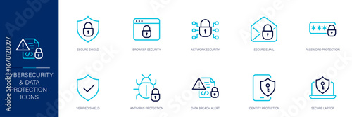 Cybersecurity and Data Blue Colored Outline Icon Set