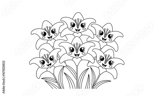 Cute Cartoon Lily Flowers Coloring Page for Kids: Printable Floral Line Art with Smiling Faces and Leaves for Educational Activities