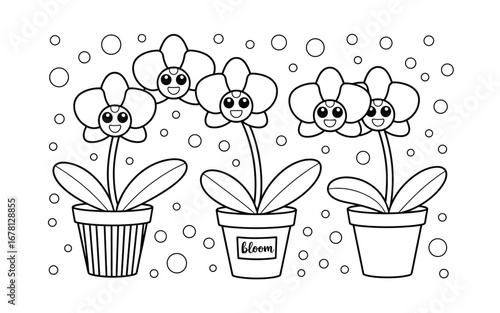 Cute Cartoon Orchid Flowers in Pots Coloring Page for Kids, Floral Line Art Illustration for Relaxation and Creative Activities
