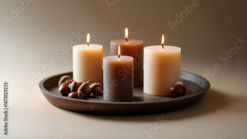 Wallpaper Mural Lit Candles and Acorns on a Rustic Tray, Warm Autumnal Still Life Torontodigital.ca