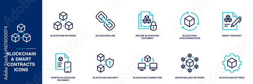 Blockchain and Smart Contracts Blue Colored Outline Icon Set