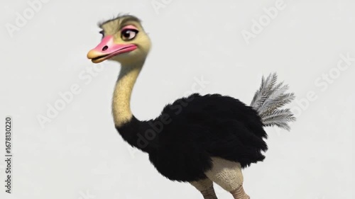 Animated ostrich character strutting confidently in a fun, vibrant scene