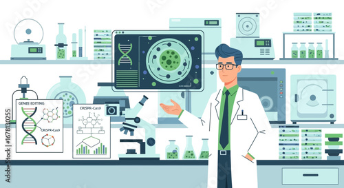 Scientist Explaining Gene Editing and CRISPR Technology in a Laboratory Setting