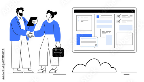 Two professionals shaking hands, holding documents near task management interface. Ideal for teamwork, remote work, project collaboration, agreement, workplace communication, productivity, simple