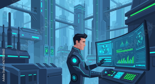 Futuristic engineer monitoring data streams in a technologically advanced cityscape