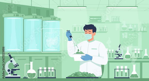 Scientist researching human gut microbiota in laboratory with specialized equipment