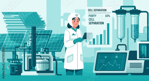 Scientist monitoring the cell separation process using renewable energy sources