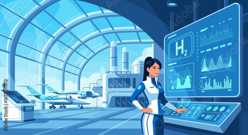Futuristic aviation industry showcasing innovative hydrogen fuel technology