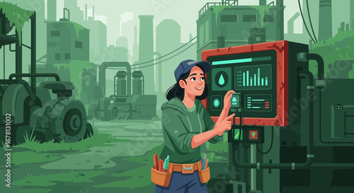 Woman monitoring environmental data at a dilapidated industrial facility, ensuring sustainable practices