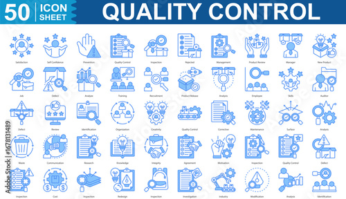 Quality Control Icon Set Collection. Containing satisfaction, self confidence, prevention, quality control, inspection, rejected, management, product review, manager icon. EPS 10