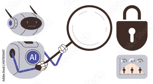 AI robot holding magnifying glass examines data chart, beside padlock symbol representing cyber security. Ideal for AI, cybersecurity, data analysis, privacy, innovation, tech research, simple flat