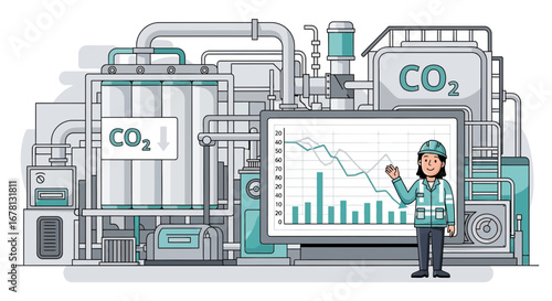 CO2 emission reduction progress presented at a carbon capture facility illustration