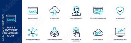 SaaS and Software Blue Colored Outline Icon Set