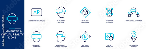 Augmented and Virtual Reality Blue Colored Outline Icon Set