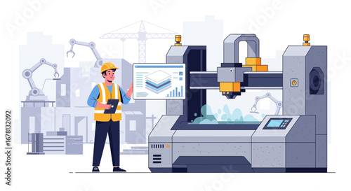 Industry 4.0: Engineer overseeing automated manufacturing with tablet data integration
