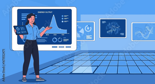 Data analyst presenting energy output trends in a modern, minimalist office setting