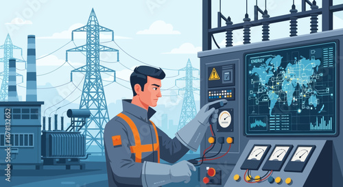 Electrical engineer inspecting global energy infrastructure operations panel