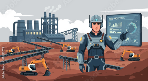 Futuristic mining operation supervised by an augmented reality specialist