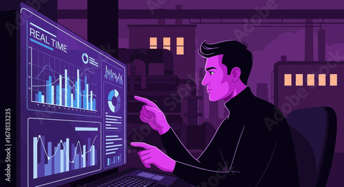 Illustration of a data scientist analyzing real-time analytics at an industrial facility