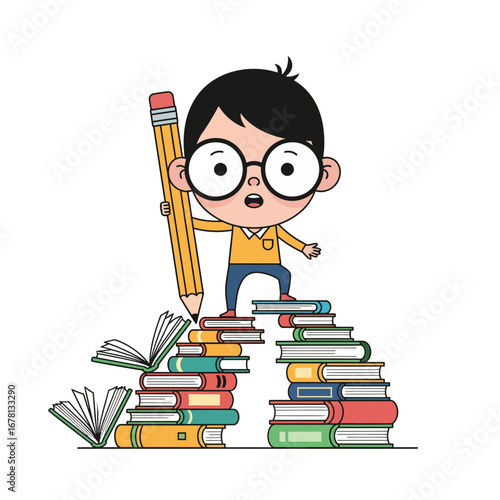 Cute cartoon schoolboy with a pencil climbing a staircase of books, symbolizing education as a journey toward knowledge and success