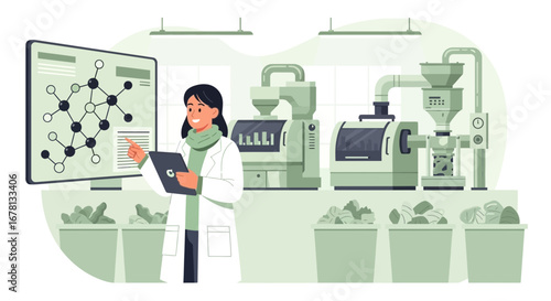 Scientist analyzing molecular structure in a sustainable production facility