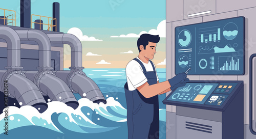 Cartoon depiction of a worker monitoring industrial water treatment infrastructure