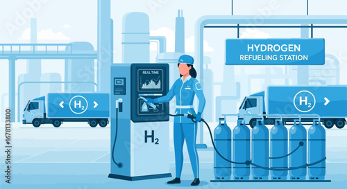 Hydrogen Fueling Station Illustration with Worker and Trucks Depicting Clean Energy