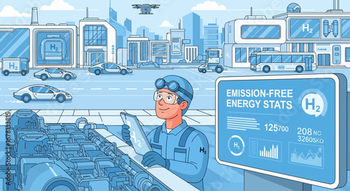 Hydrogen economy illustration showcasing future city powered by clean fuel source