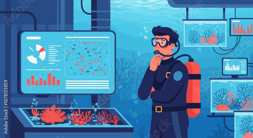 Oceanographic research: Diver analyzes coral reef data in underwater laboratory