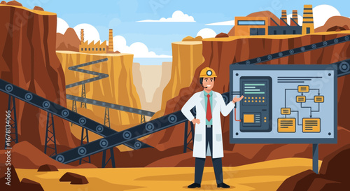 Mining engineer presenting factory automation schematic within a canyon setting
