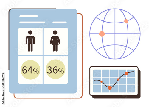 Statistical report of male and female percentages, global network illustration, and trend analytics chart. Ideal for research, demographics, data analysis, marketing, global trends, reporting