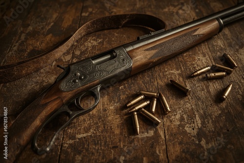 Engraved rifle, ammo, wood, rustic, hunting, background, vintage, firearm, still life, stock photo