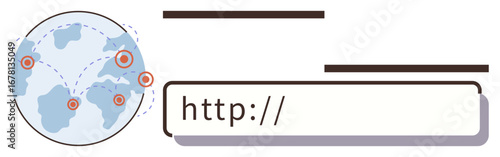 Globe with linked locations and lines, browser URL bar detail emphasizing global internet access. Ideal for communication, technology, online business, networking, global reach, internet usage