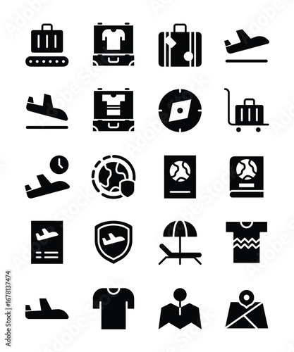 Travel and tourism glyph icons representing various aspects of vacationing