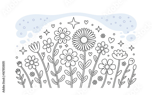 Foto Doodle Flowers and Hearts: Black and White Illustration of Daisies, Stars, Hearts and Blue Details