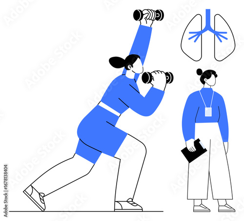 Woman lifting dumbbells in a lunge pose with a professional holding a clipboard near a lung diagram. Ideal for fitness, health, wellness, training, physical therapy, lung health, lifestyle
