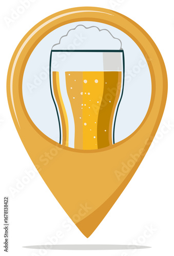 Golden location pin icon featuring a refreshing glass of beer for pubs and bars